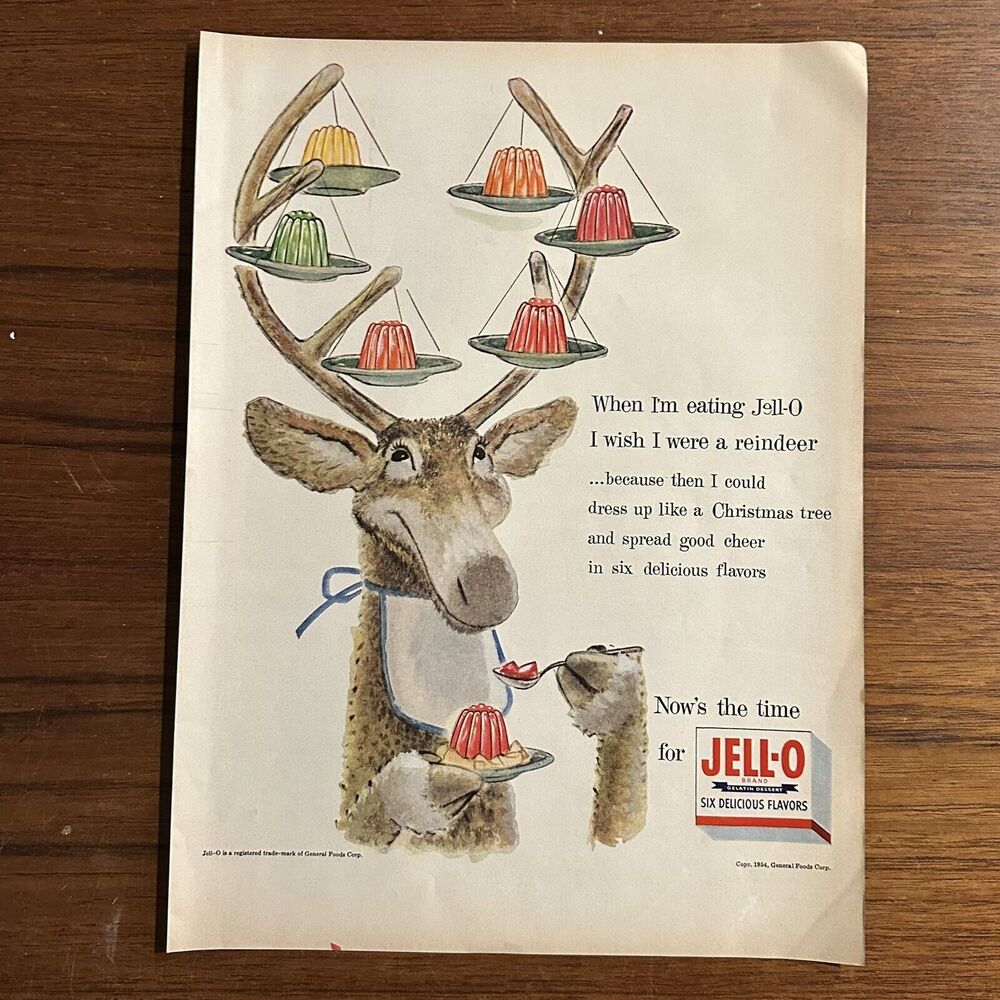 1954 Jell-O Gelatin Dessert Six Flavors Mountain Goat Vintage Print Ad